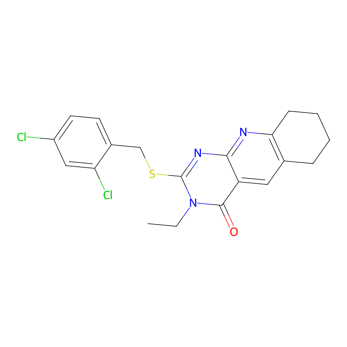 2-[(2,4-Dichlorophenyl)methylsulfanyl]-3-ethyl-6,7,8,9-tetrahydropyrimido[4,5-b]quinolin-4-one molecular structure, CAS 713113-49-6