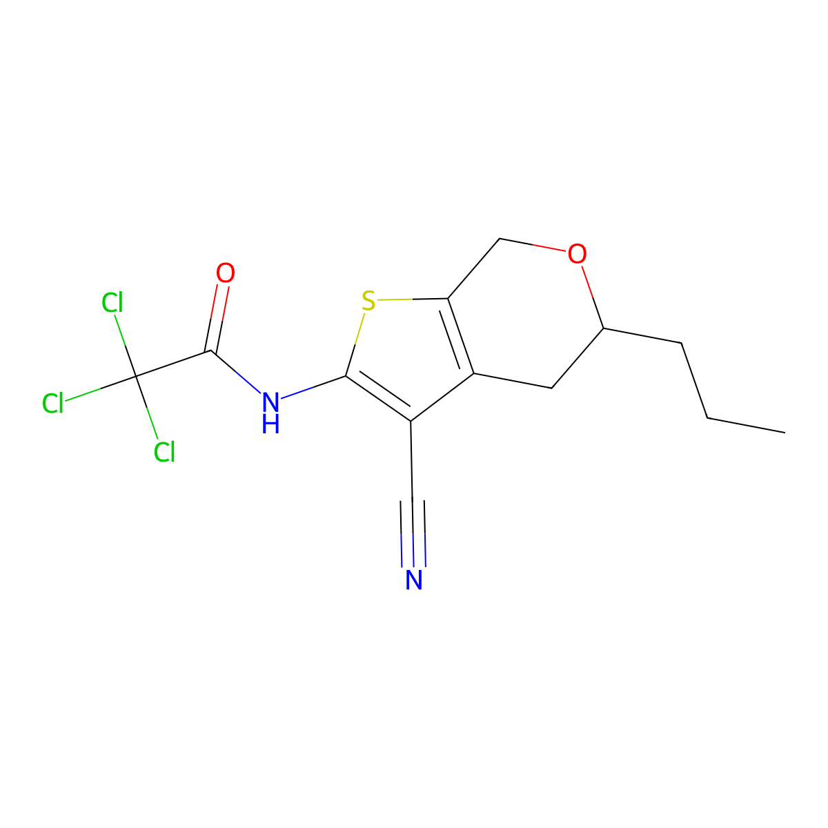 2,2,2-trichloro-N-(3-cyano-5-propyl-5,7-dihydro-4H-thieno[2,3-c]pyran-2-yl)acetamide molecular structure, CAS 713113-51-0