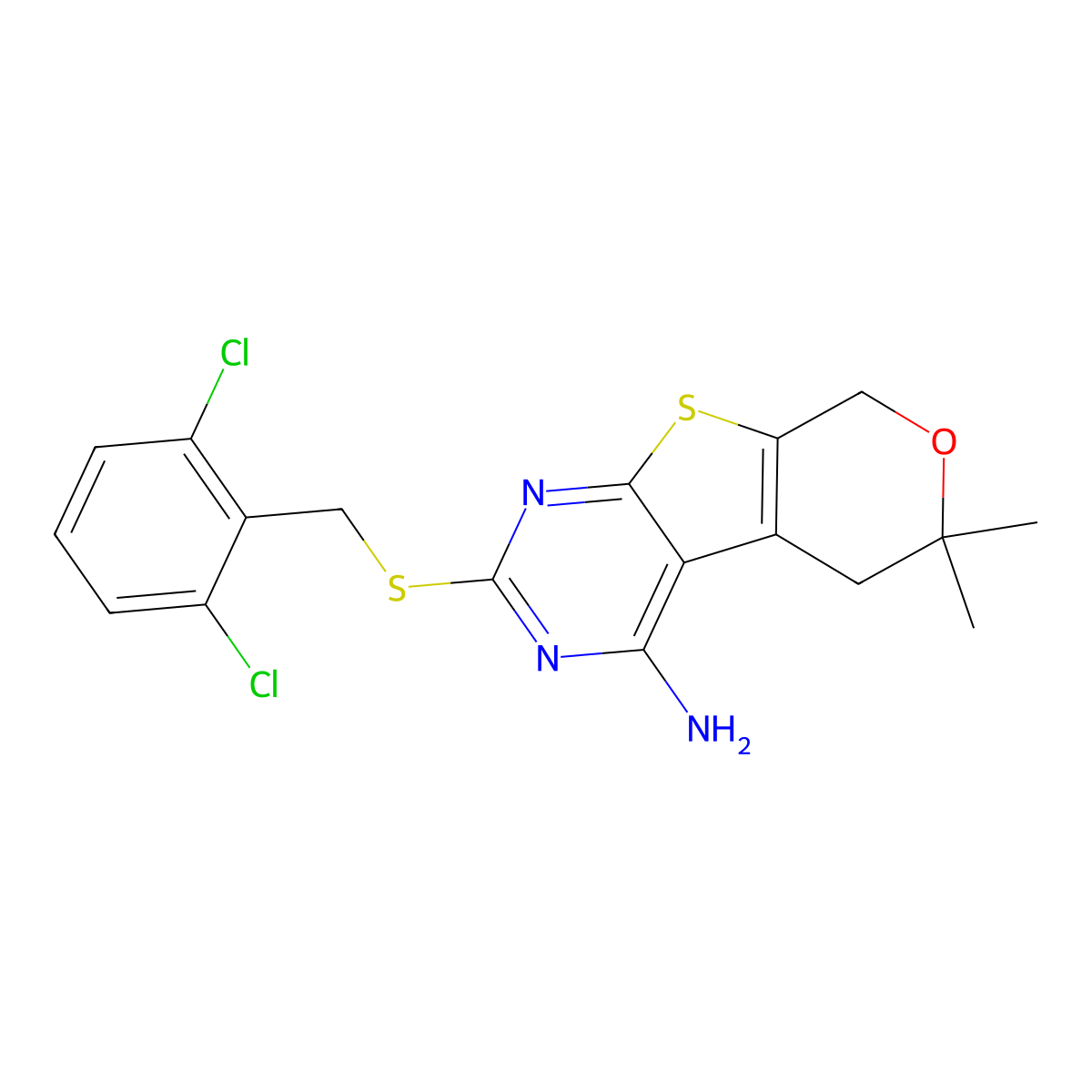 2-[(2,6-Dichlorophenyl)methylsulfanyl]-6,6-dimethyl-5,8-dihydropyrano[4,5]thieno[1,2-c]pyrimidin-4-amine molecular structure, CAS 713113-52-1