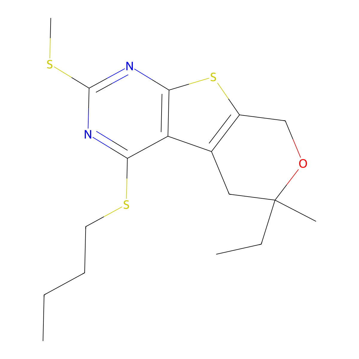 4-Butylsulfanyl-6-ethyl-6-methyl-2-methylsulfanyl-5,8-dihydropyrano[2,3]thieno[2,4-b]pyrimidine molecular structure, CAS 713113-55-4