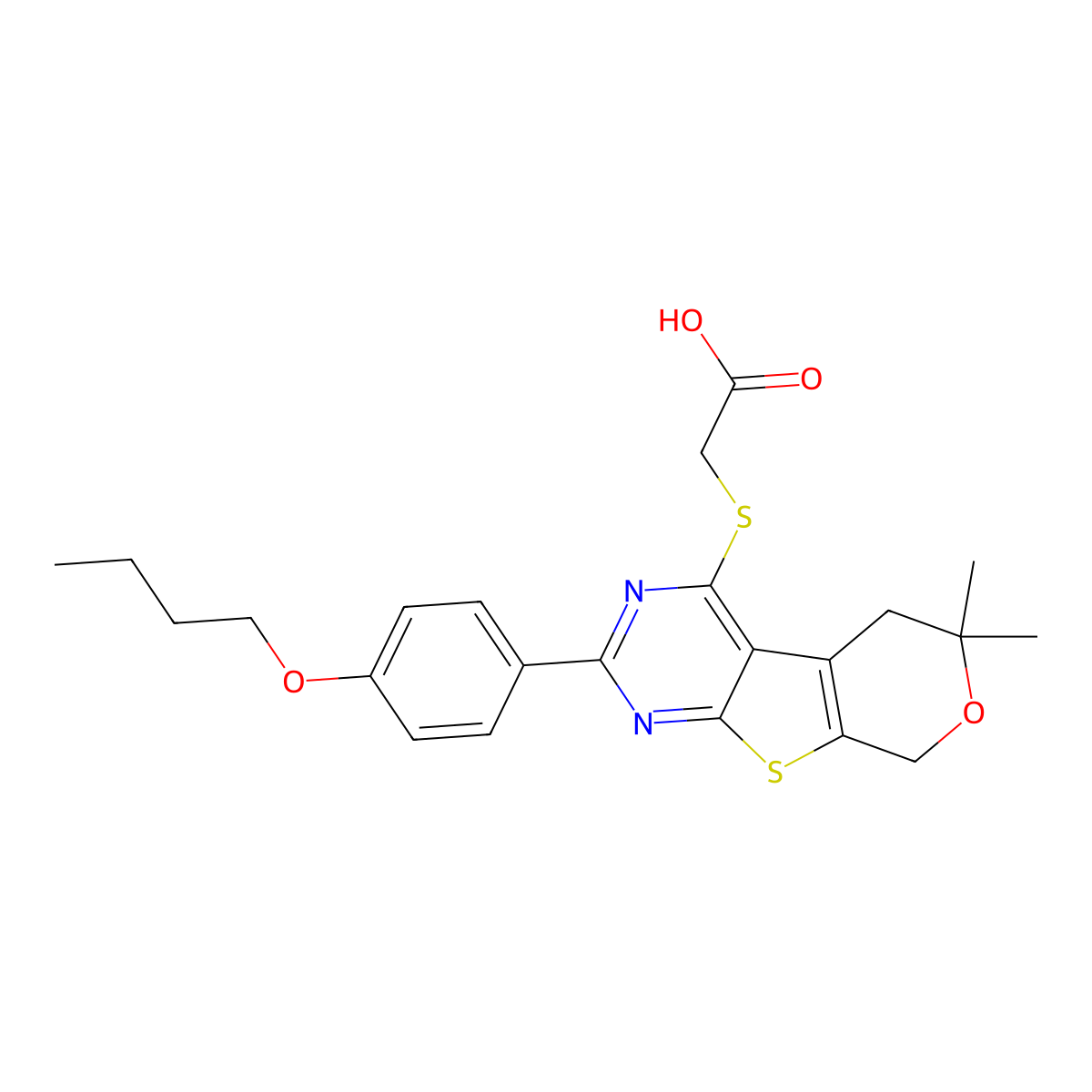 2-[[2-(4-Butoxyphenyl)-6,6-dimethyl-5,8-dihydropyrano[2,3]thieno[2,4-b]pyrimidin-4-yl]sulfanyl]acetic acid molecular structure, CAS 713113-57-6