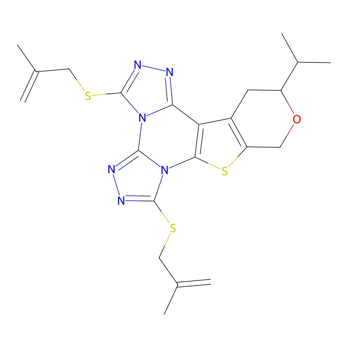 12-isopropyl-3,7-bis((2-methylallyl)thio)-12,13-dihydro-10H-pyrano[4',3':4,5]thieno[3,2-e]bis([1,2,4]triazolo)[4,3-a:4',3'-c]pyrimidine molecular structure, CAS 713113-59-8