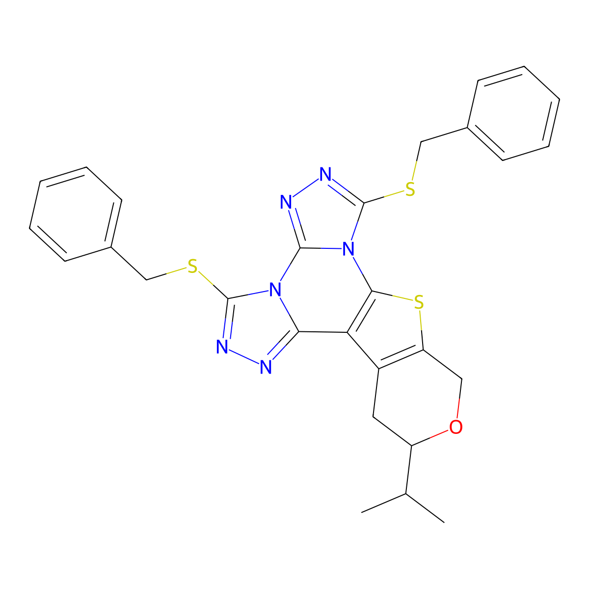 3,7-bis(benzylthio)-12-isopropyl-12,13-dihydro-10H-pyrano[4',3':4,5]thieno[3,2-e]bis([1,2,4]triazolo)[4,3-a:4',3'-c]pyrimidine molecular structure, CAS 713113-61-2