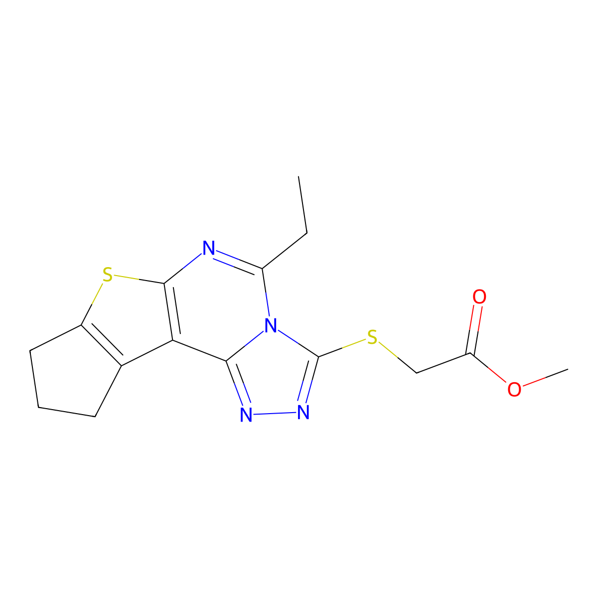 methyl 2-((5-ethyl-9,10-dihydro-8H-cyclopenta[4,5]thieno[3,2-e][1,2,4]triazolo[4,3-c]pyrimidin-3-yl)thio)acetate molecular structure, CAS 713113-63-4