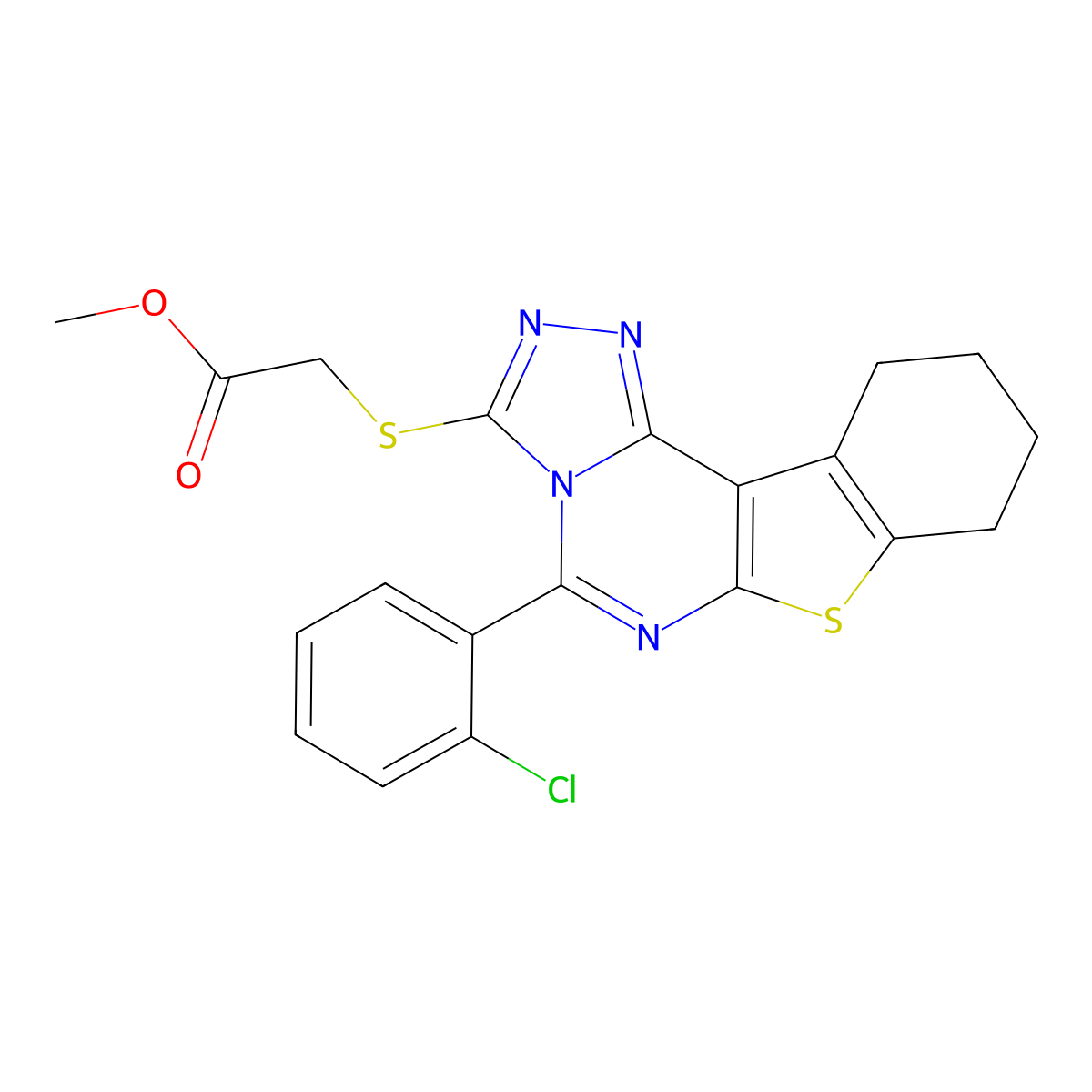 Methyl 2-((5-(2-chlorophenyl)-8,9,10,11-tetrahydrobenzo[4,5]thieno[3,2-e][1,2,4]triazolo[4,3-c]pyrimidin-3-yl)thio)acetate molecular structure, CAS 713113-65-6