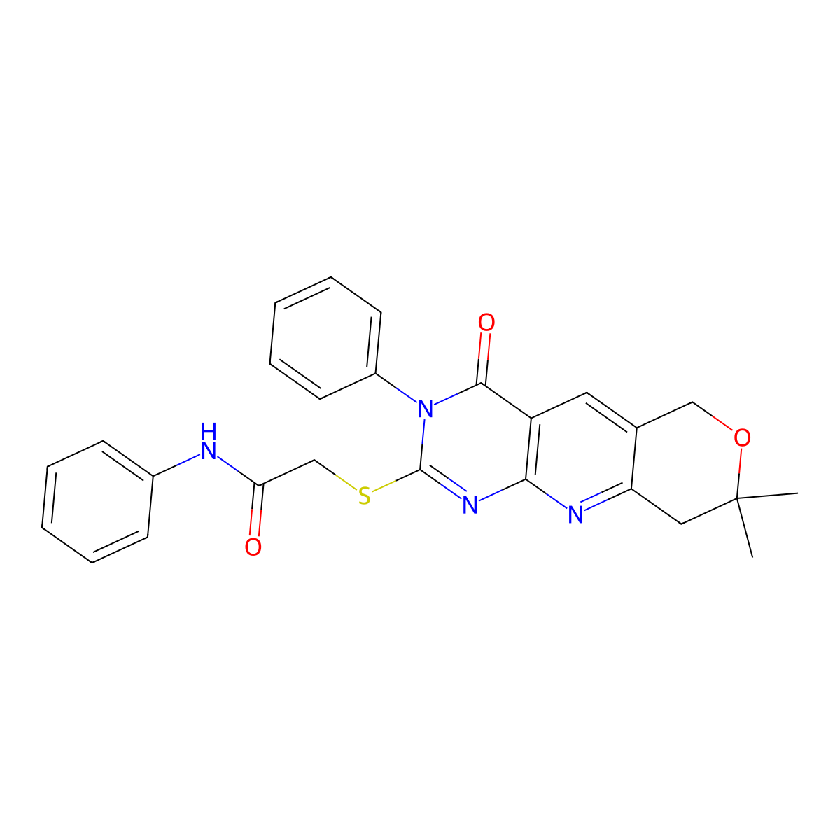 2-[(8,8-dimethyl-4-oxo-3-phenyl-3,6,8,9-tetrahydro-4H-pyrano[3',4':5,6]pyrido[2,3-d]pyrimidin-2-yl)sulfanyl]-N-phenylacetamide molecular structure, CAS 713113-69-0