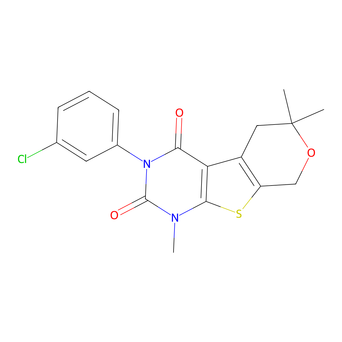 3-(3-chlorophenyl)-1,6,6-trimethyl-1,5,6,8-tetrahydro-2H-pyrano[4',3':4,5]thieno[2,3-d]pyrimidine-2,4(3H)-dione molecular structure, CAS 713113-75-8
