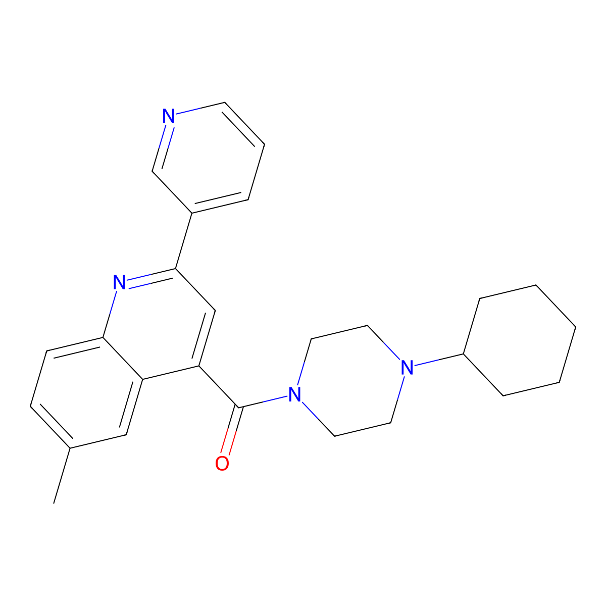 (4-Cyclohexylpiperazin-1-yl)-(6-methyl-2-pyridin-3-ylquinolin-4-yl)methanone molecular structure, CAS 713114-78-4