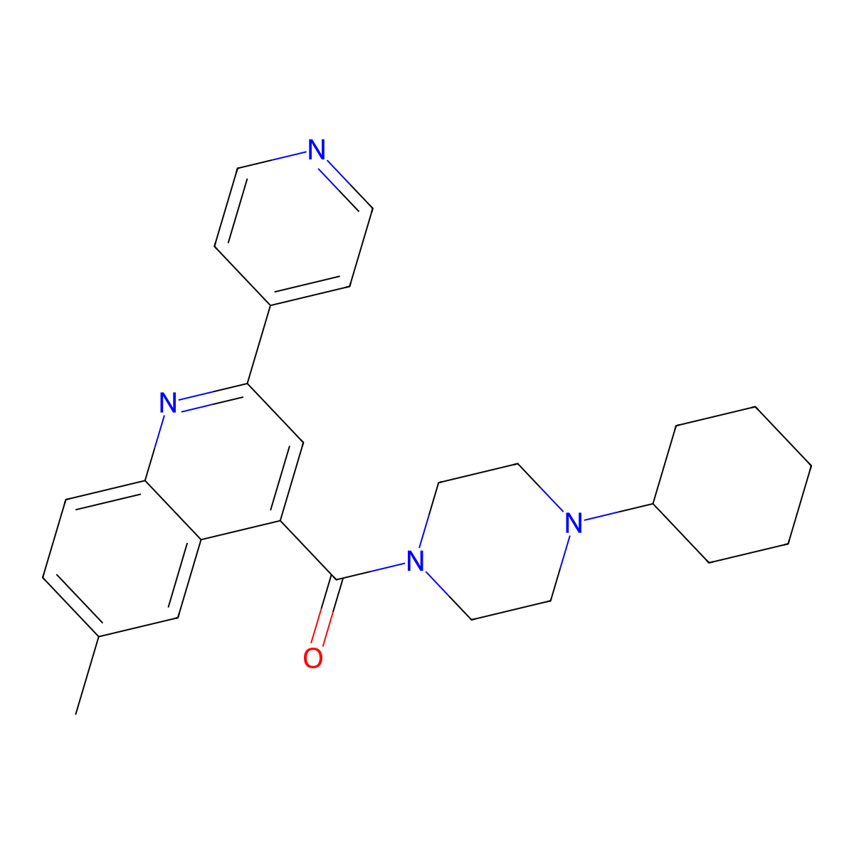 (4-Cyclohexylpiperazin-1-yl)-(6-methyl-2-pyridin-4-ylquinolin-4-yl)methanone molecular structure, CAS 713117-50-1