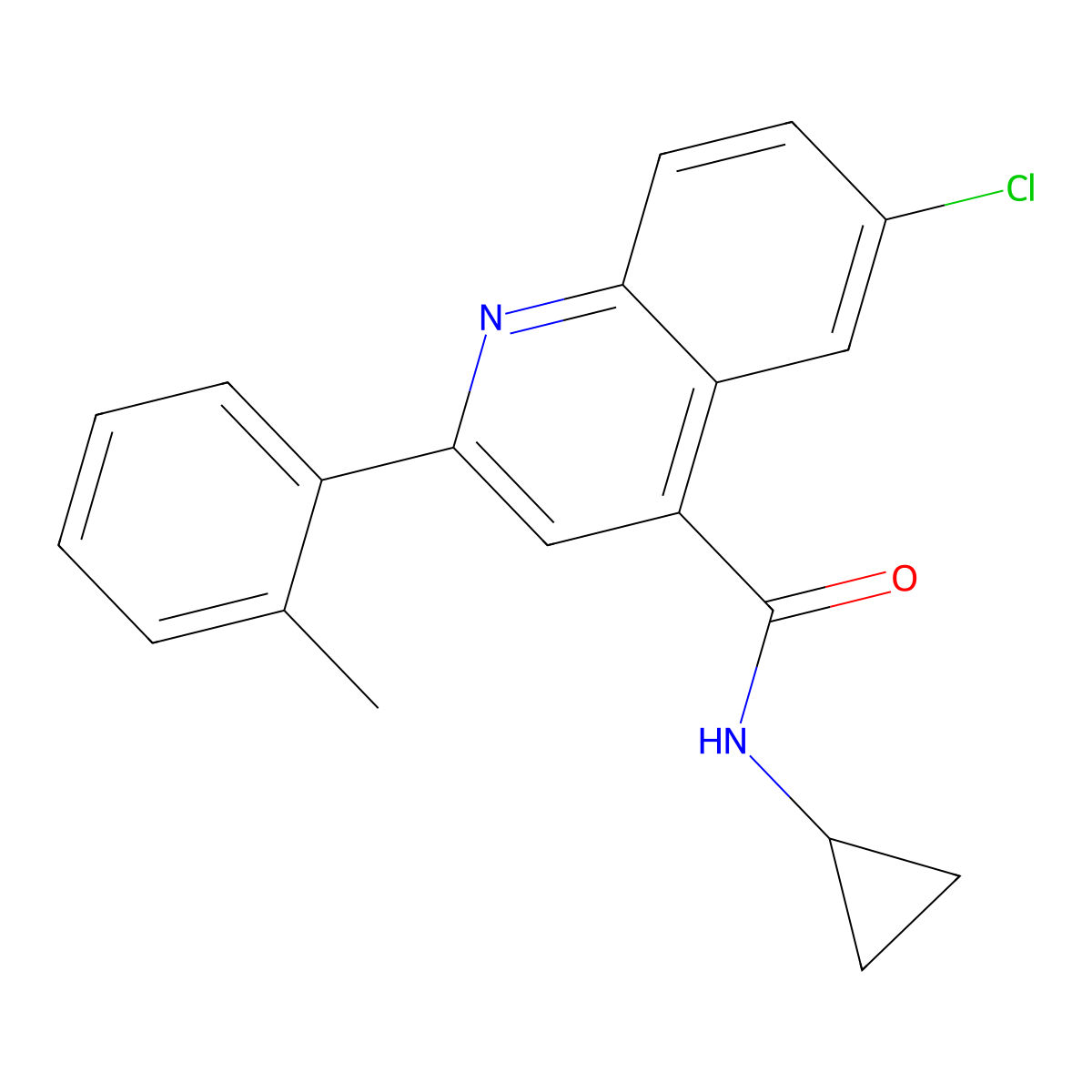 6-chloro-N-cyclopropyl-2-(2-methylphenyl)quinoline-4-carboxamide molecular structure, CAS 713117-80-7