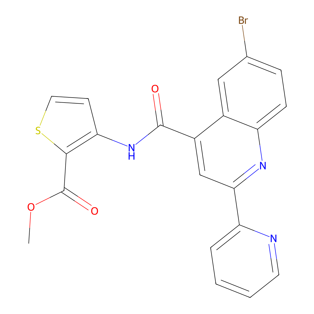 Methyl 3-({[6-bromo-2-(pyridin-2-yl)quinolin-4-yl]carbonyl}amino)thiophene-2-carboxylate molecular structure, CAS 713118-43-5