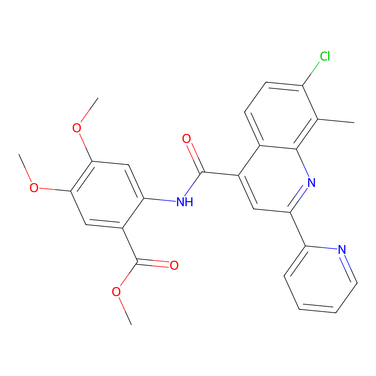 Methyl 2-({[7-chloro-8-methyl-2-(pyridin-2-yl)quinolin-4-yl]carbonyl}amino)-4,5-dimethoxybenzoate molecular structure, CAS 713118-60-6