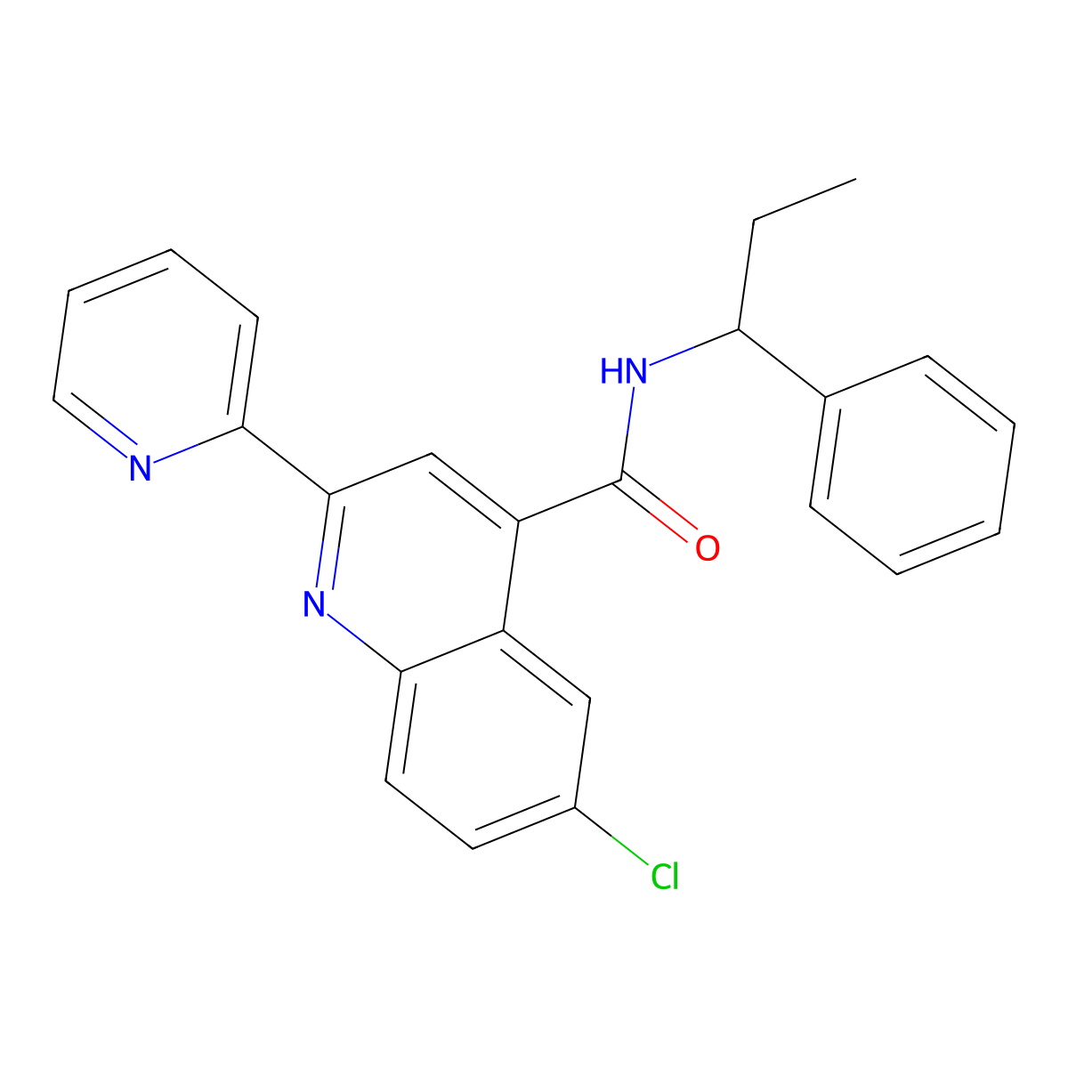 6-chloro-N-(1-phenylpropyl)-2-(pyridin-2-yl)quinoline-4-carboxamide molecular structure, CAS 713119-13-2