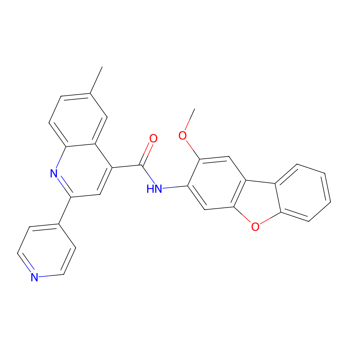 N-(2-methoxydibenzofuran-3-yl)-6-methyl-2-pyridin-4-ylquinoline-4-carboxamide molecular structure, CAS 713119-21-2