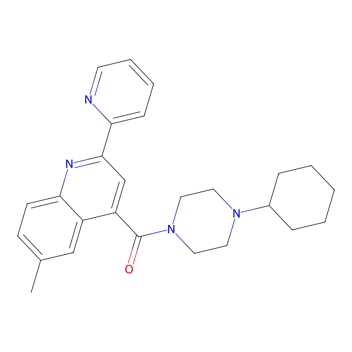 (4-Cyclohexylpiperazin-1-yl)-(6-methyl-2-pyridin-2-ylquinolin-4-yl)methanone molecular structure, CAS 713119-45-0
