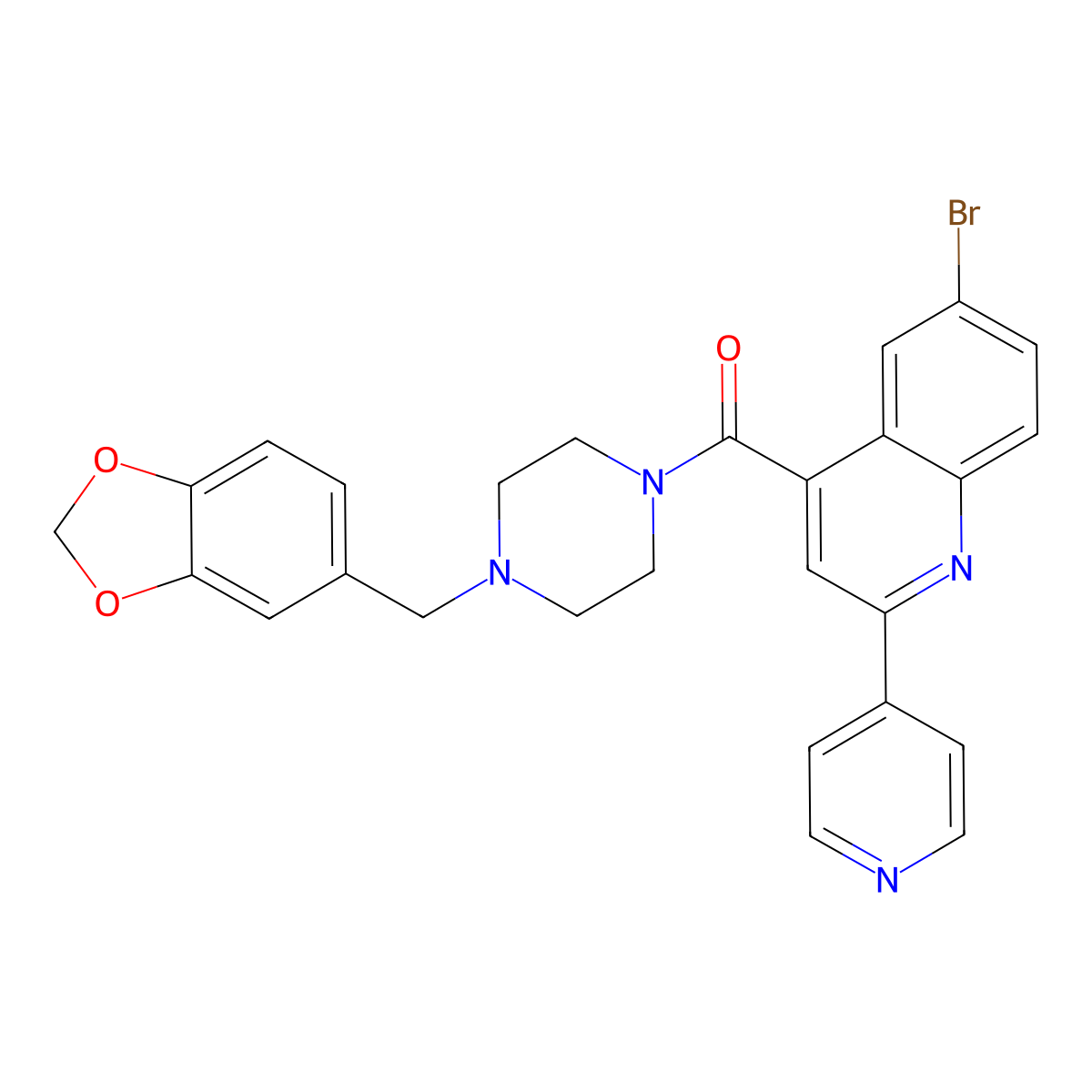 [4-(1,3-Benzodioxol-5-ylmethyl)piperazin-1-yl]-(6-bromo-2-pyridin-4-ylquinolin-4-yl)methanone molecular structure, CAS 713120-66-2