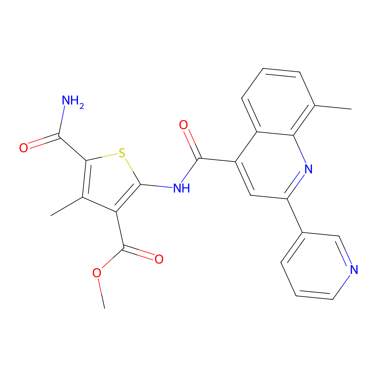 Methyl 5-carbamoyl-4-methyl-2-({[8-methyl-2-(pyridin-3-yl)quinolin-4-yl]carbonyl}amino)thiophene-3-carboxylate molecular structure, CAS 713121-33-6