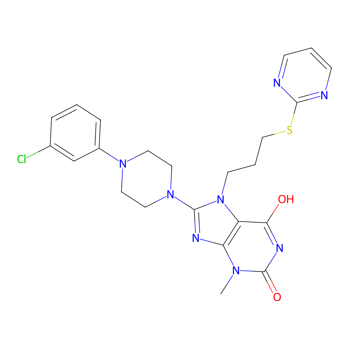 8-(4-(3-chlorophenyl)piperazin-1-yl)-3-methyl-7-(3-(pyrimidin-2-ylthio)propyl)-1H-purine-2,6(3H,7H)-dione molecular structure, CAS 713125-87-2