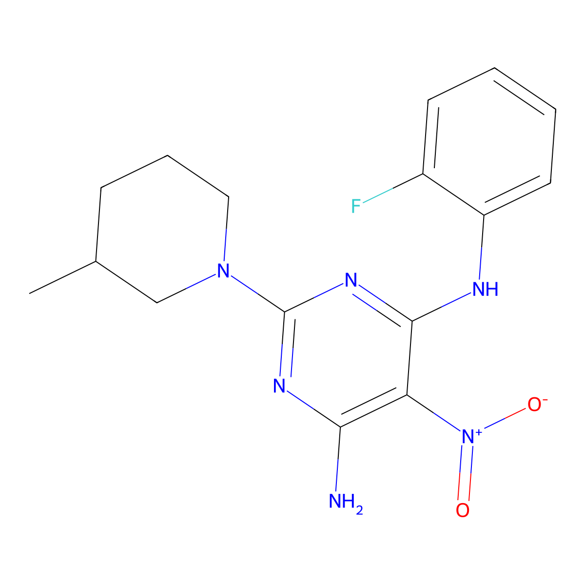 N4-(2-fluorophenyl)-2-(3-methylpiperidin-1-yl)-5-nitropyrimidine-4,6-diamine molecular structure, CAS 713126-62-6