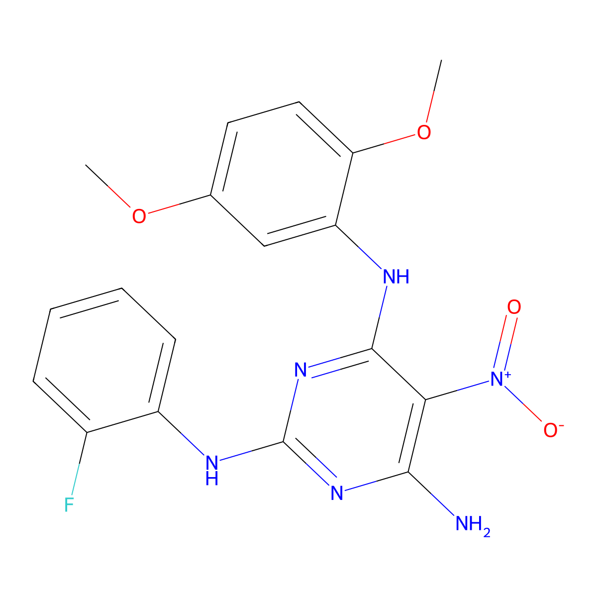 N~4~-(2,5-dimethoxyphenyl)-N~2~-(2-fluorophenyl)-5-nitro-2,4,6-pyrimidinetriamine molecular structure, CAS 713126-69-3