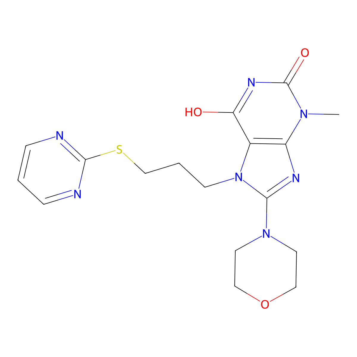 3-Methyl-8-morpholin-4-yl-7-(3-pyrimidin-2-ylsulfanylpropyl)purine-2,6-dione molecular structure, CAS 713127-80-1