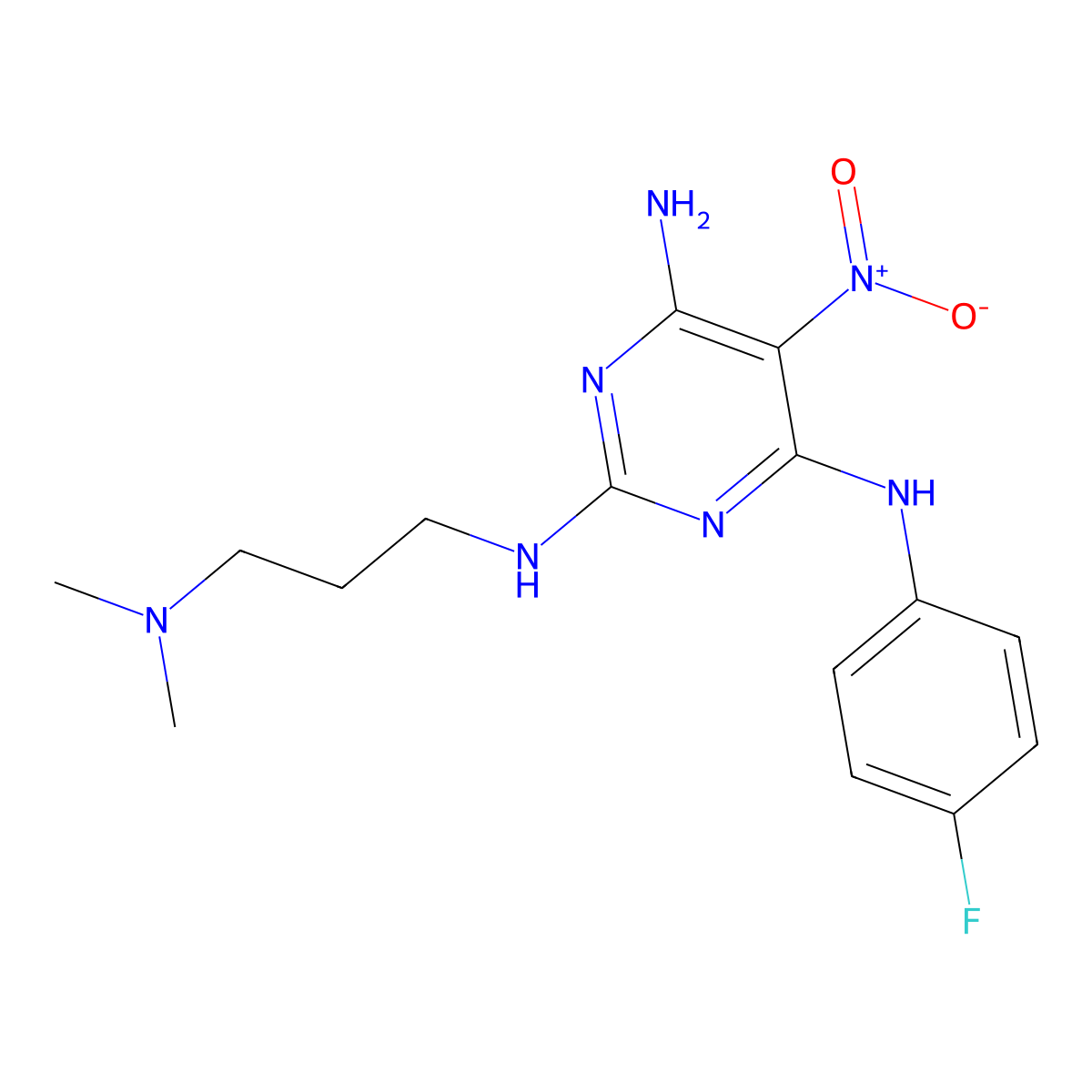 N~2~-[3-(dimethylamino)propyl]-N~4~-(4-fluorophenyl)-5-nitropyrimidine-2,4,6-triamine molecular structure, CAS 713128-90-6