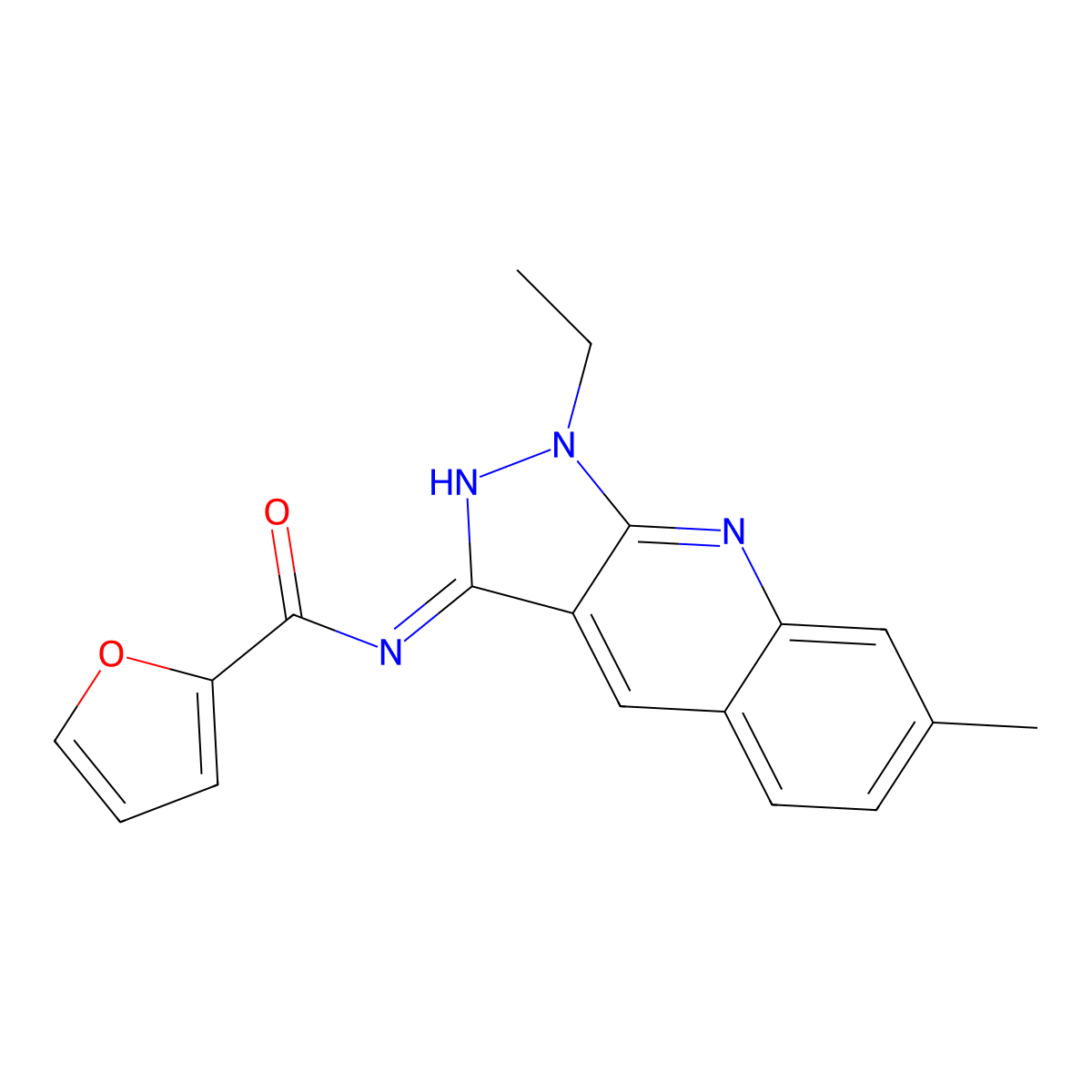 N-(1-ethyl-7-methyl-3-pyrazolo[3,4-b]quinolinyl)-2-furancarboxamide molecular structure, CAS 713129-77-2