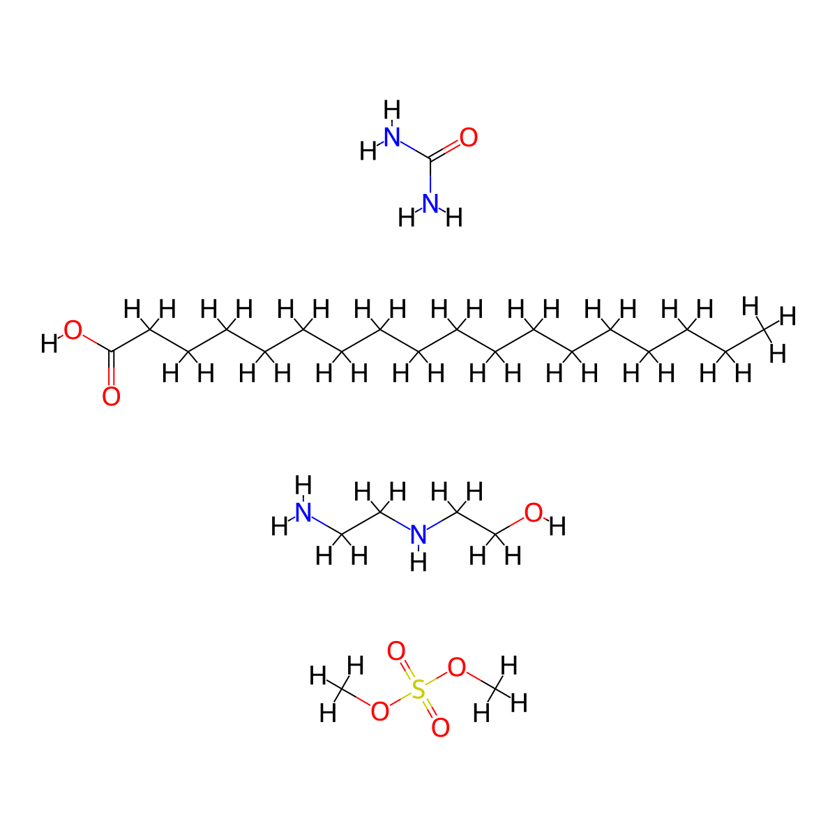 Octadecanoic acid, reaction products with 2-((2-aminoethyl)amino)ethanol and urea, di-Me sulfate-quaternized molecular structure, CAS 71342-92-2