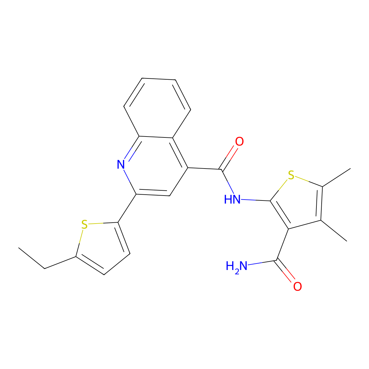 N-(3-carbamoyl-4,5-dimethylthiophen-2-yl)-2-(5-ethylthiophen-2-yl)quinoline-4-carboxamide molecular structure, CAS 713489-48-6