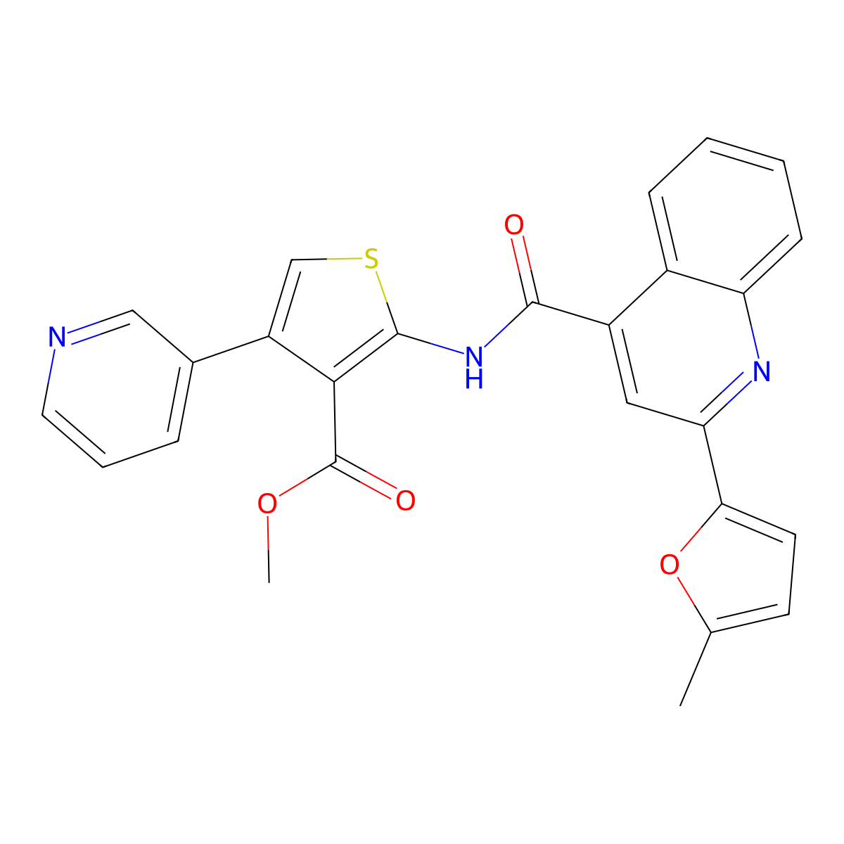 Methyl 2-({[2-(5-methylfuran-2-yl)quinolin-4-yl]carbonyl}amino)-4-(pyridin-3-yl)thiophene-3-carboxylate molecular structure, CAS 713489-83-9