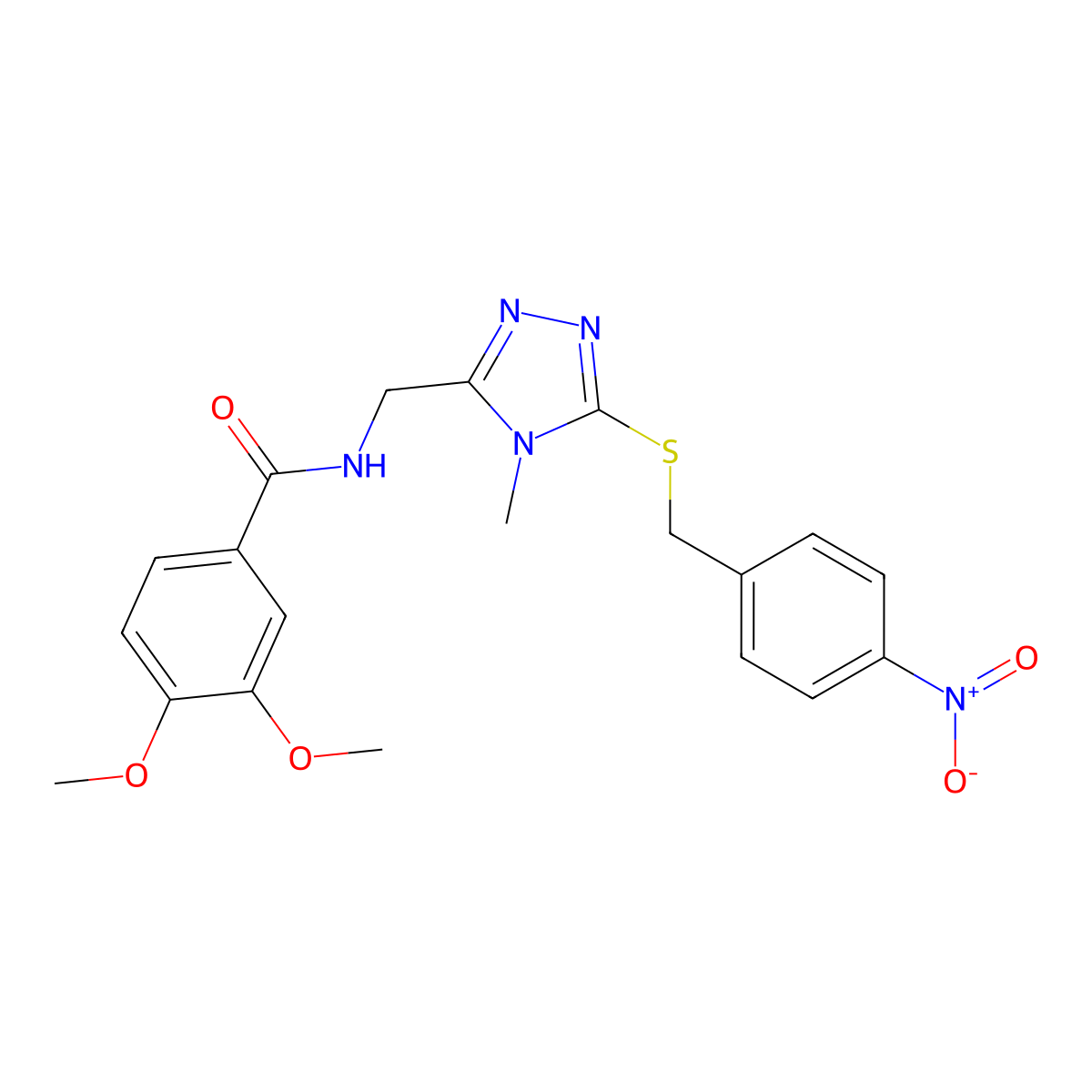 3,4-dimethoxy-N-[[4-methyl-5-[(4-nitrophenyl)methylsulfanyl]-1,2,4-triazol-3-yl]methyl]benzamide molecular structure, CAS 713490-54-1