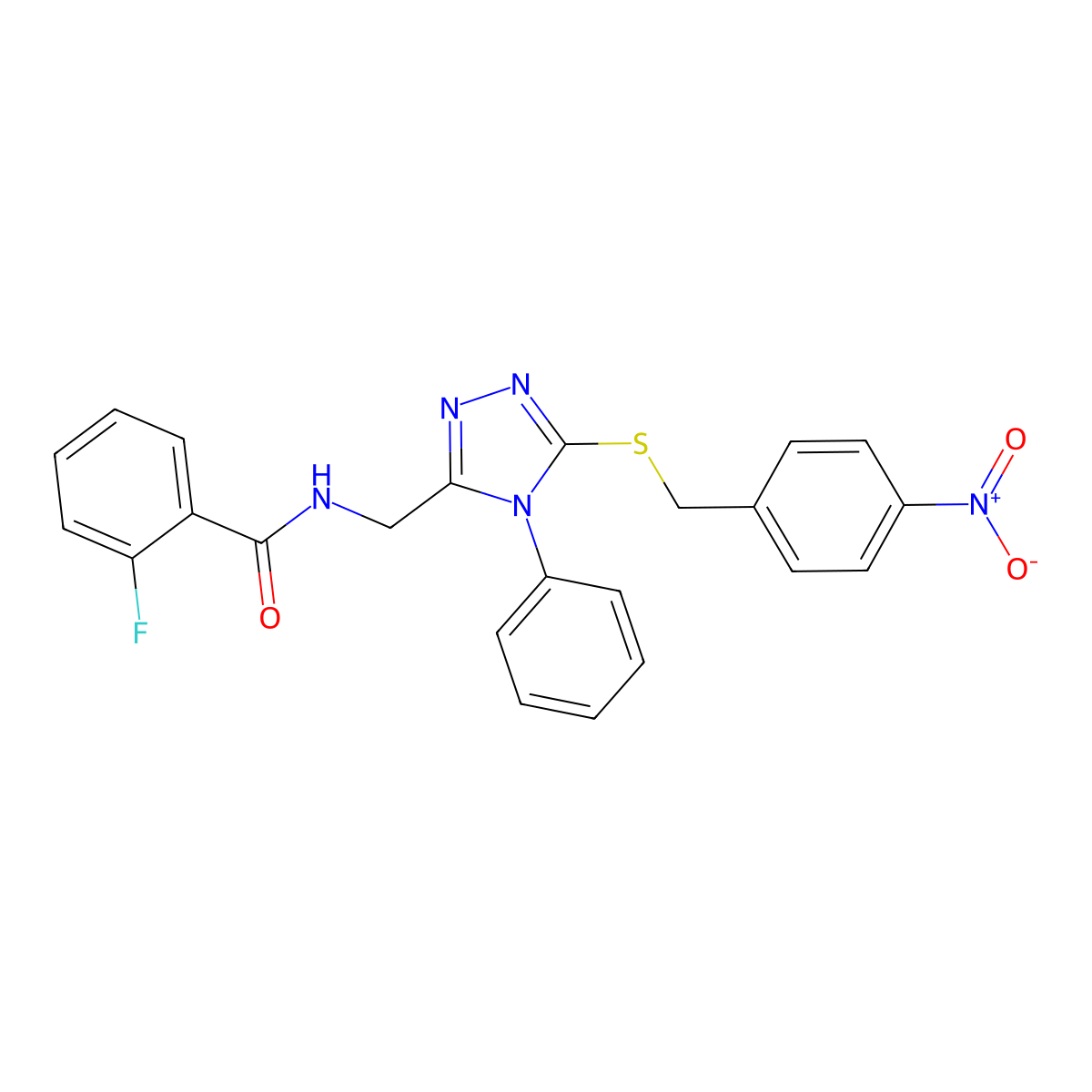 2-fluoro-N-[[5-[(4-nitrophenyl)methylsulfanyl]-4-phenyl-1,2,4-triazol-3-yl]methyl]benzamide molecular structure, CAS 713490-77-8