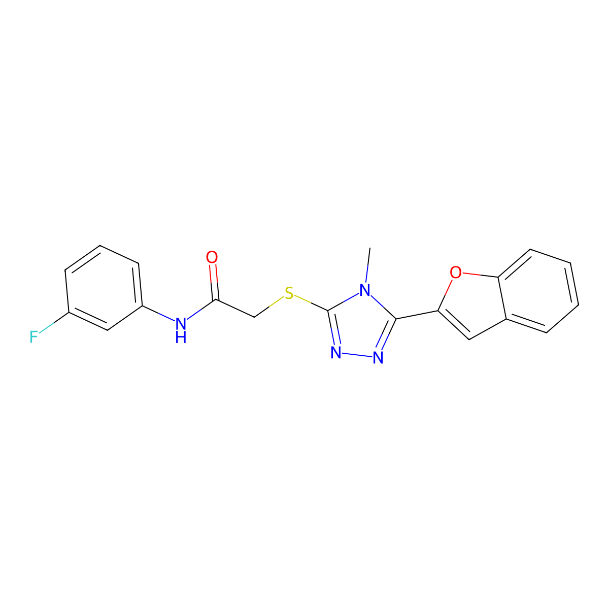 2-[[5-(1-benzofuran-2-yl)-4-methyl-1,2,4-triazol-3-yl]sulfanyl]-N-(3-fluorophenyl)acetamide molecular structure, CAS 713492-91-2