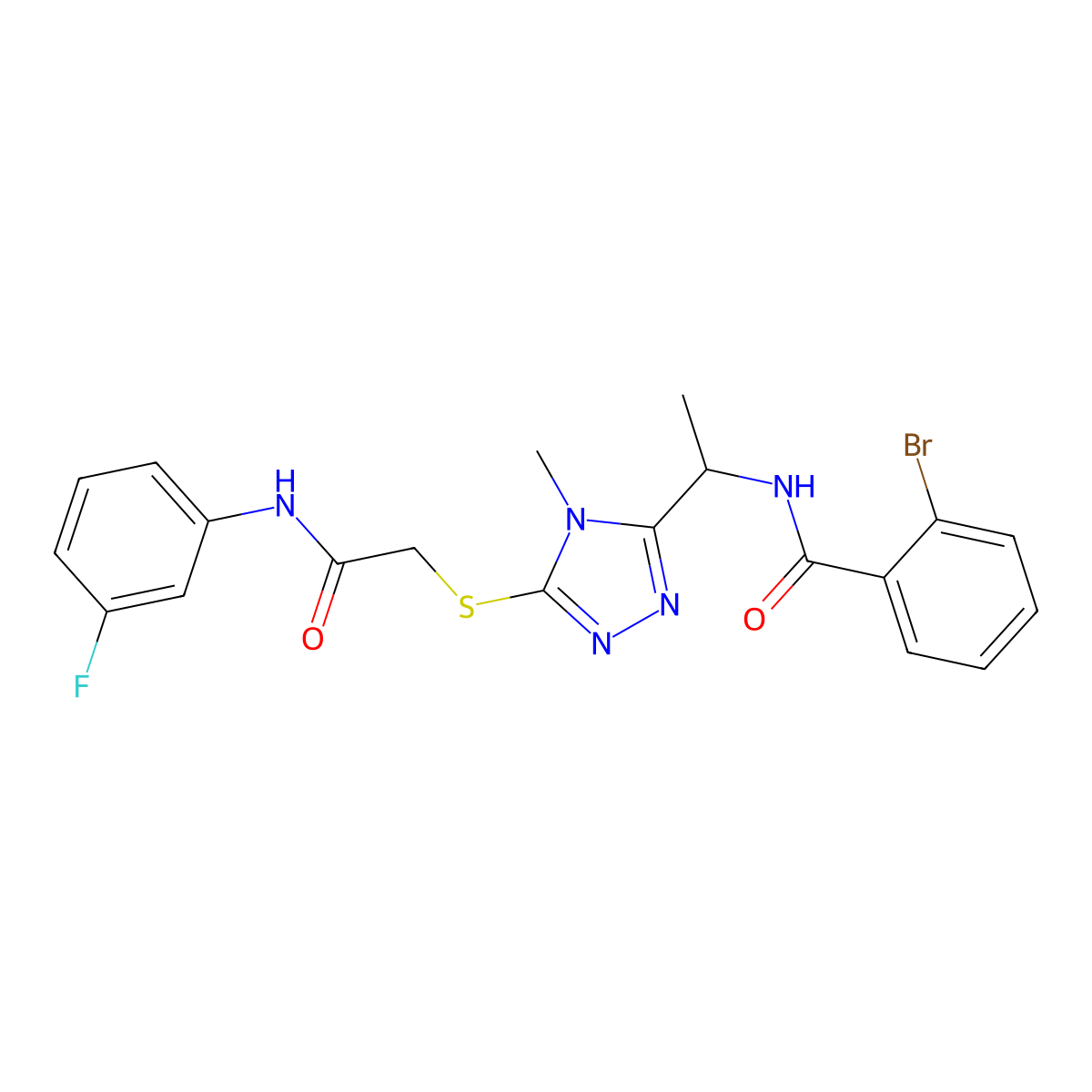 2-bromo-N-{1-[5-({2-[(3-fluorophenyl)amino]-2-oxoethyl}sulfanyl)-4-methyl-4H-1,2,4-triazol-3-yl]ethyl}benzamide molecular structure, CAS 713493-14-2