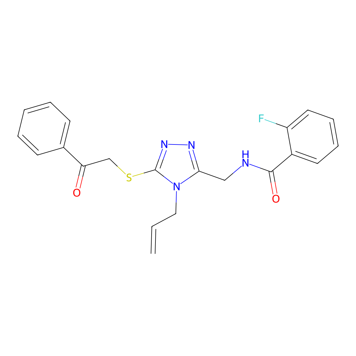2-fluoro-N-[(5-phenacylsulfanyl-4-prop-2-enyl-1,2,4-triazol-3-yl)methyl]benzamide molecular structure, CAS 713494-06-5