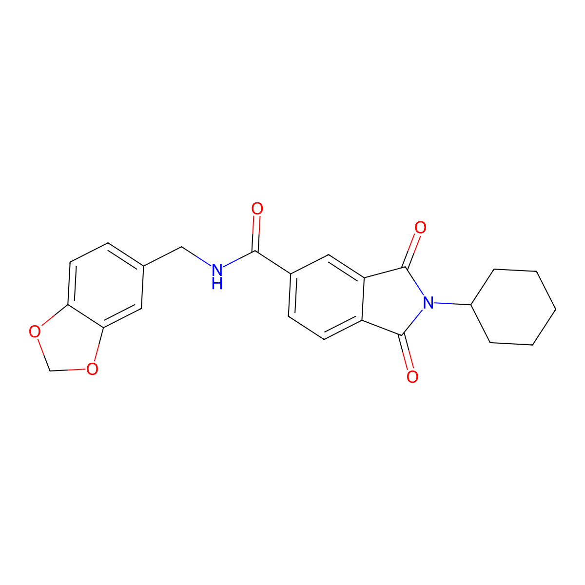 N-(1,3-benzodioxol-5-ylmethyl)-2-cyclohexyl-1,3-dioxoisoindole-5-carboxamide molecular structure, CAS 713498-58-9