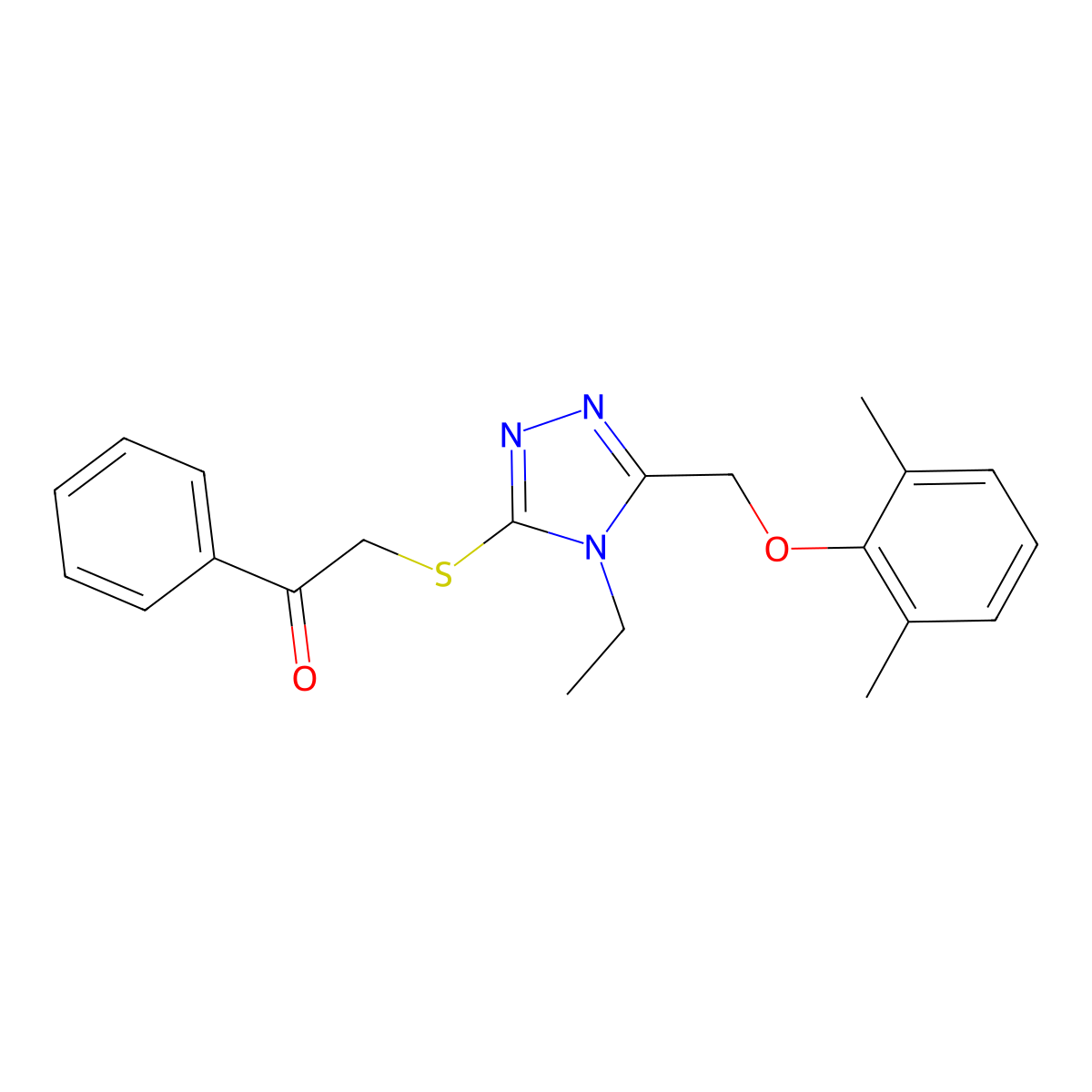 2-[[5-[(2,6-Dimethylphenoxy)methyl]-4-ethyl-1,2,4-triazol-3-yl]sulfanyl]-1-phenylethanone molecular structure, CAS 713498-59-0