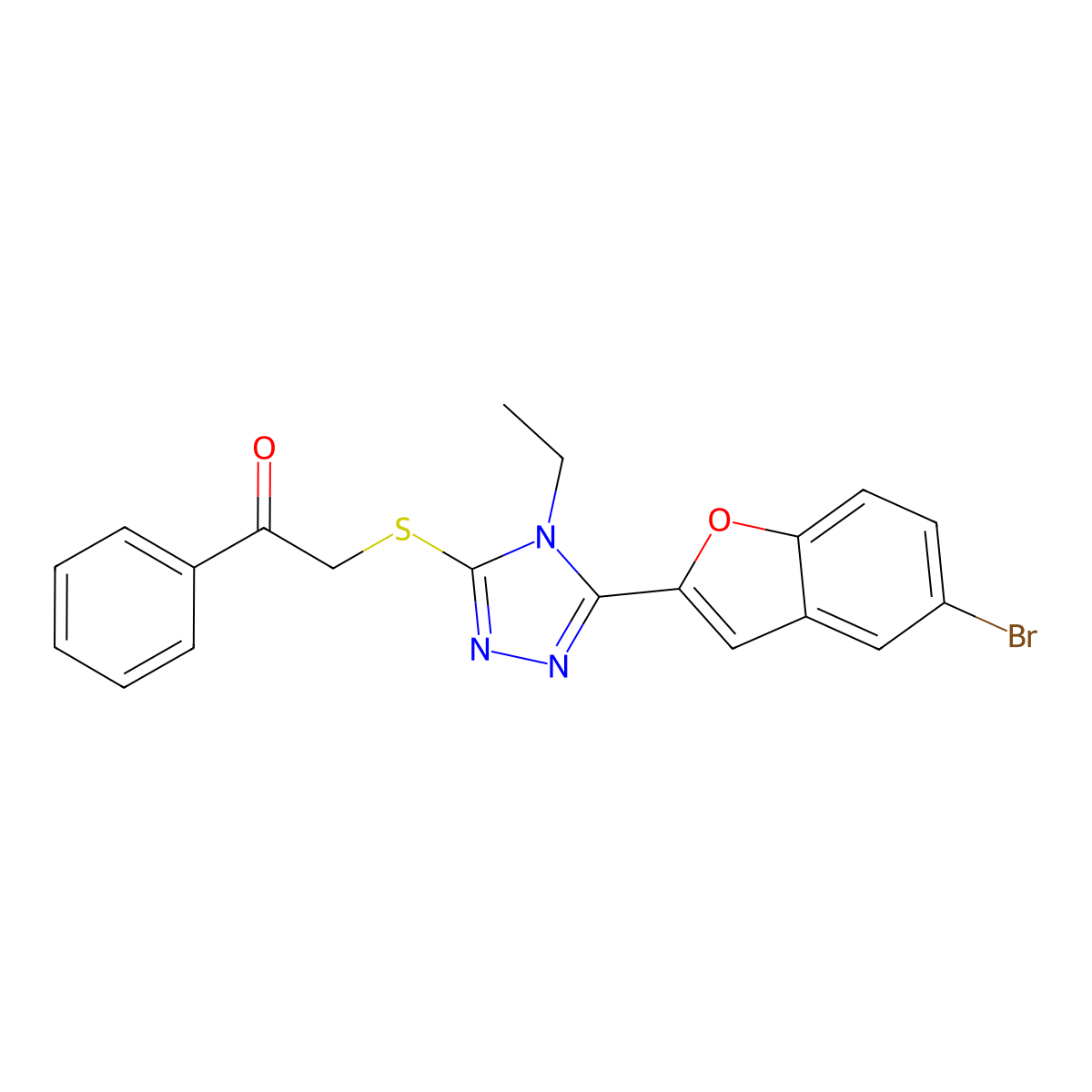 2-[[5-(5-Bromo-1-benzofuran-2-yl)-4-ethyl-1,2,4-triazol-3-yl]sulfanyl]-1-phenylethanone molecular structure, CAS 713500-24-4