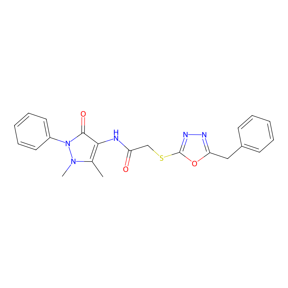 2-[(5-benzyl-1,3,4-oxadiazol-2-yl)sulfanyl]-N-(1,5-dimethyl-3-oxo-2-phenylpyrazol-4-yl)acetamide molecular structure, CAS 713501-49-6