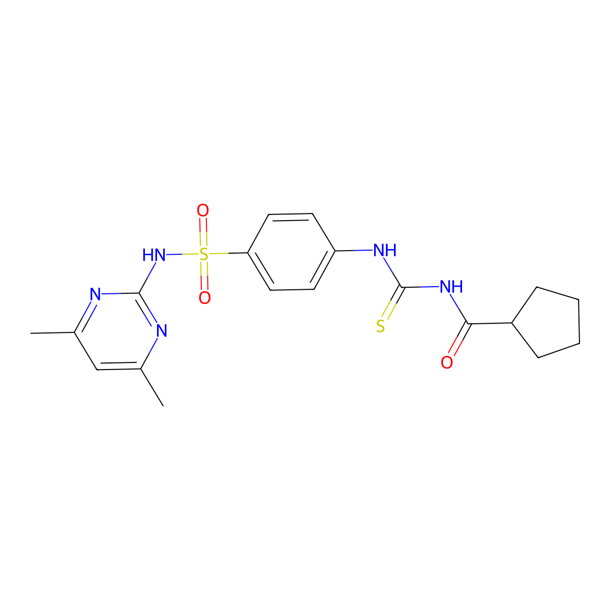 N-{[(4-{[(4,6-dimethyl-2-pyrimidinyl)amino]sulfonyl}phenyl)amino]carbonothioyl}cyclopentanecarboxamide molecular structure, CAS 713504-84-8