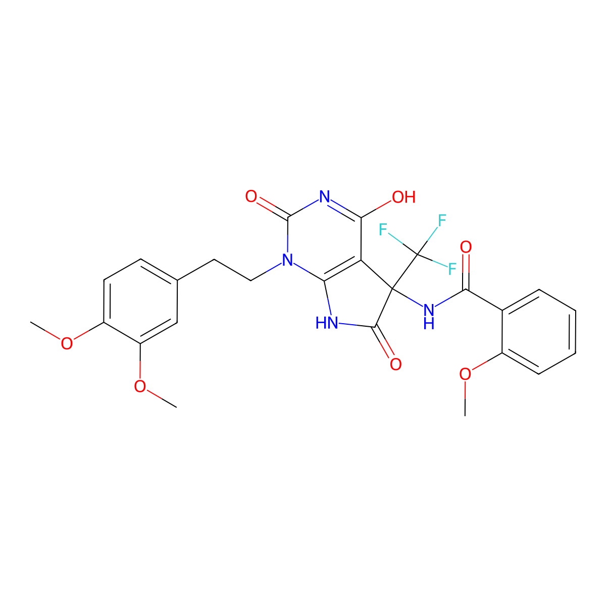 N-[1-[2-(3,4-dimethoxyphenyl)ethyl]-2,4,6-trioxo-5-(trifluoromethyl)-7H-pyrrolo[2,3-d]pyrimidin-5-yl]-2-methoxybenzamide molecular structure, CAS 713505-58-9