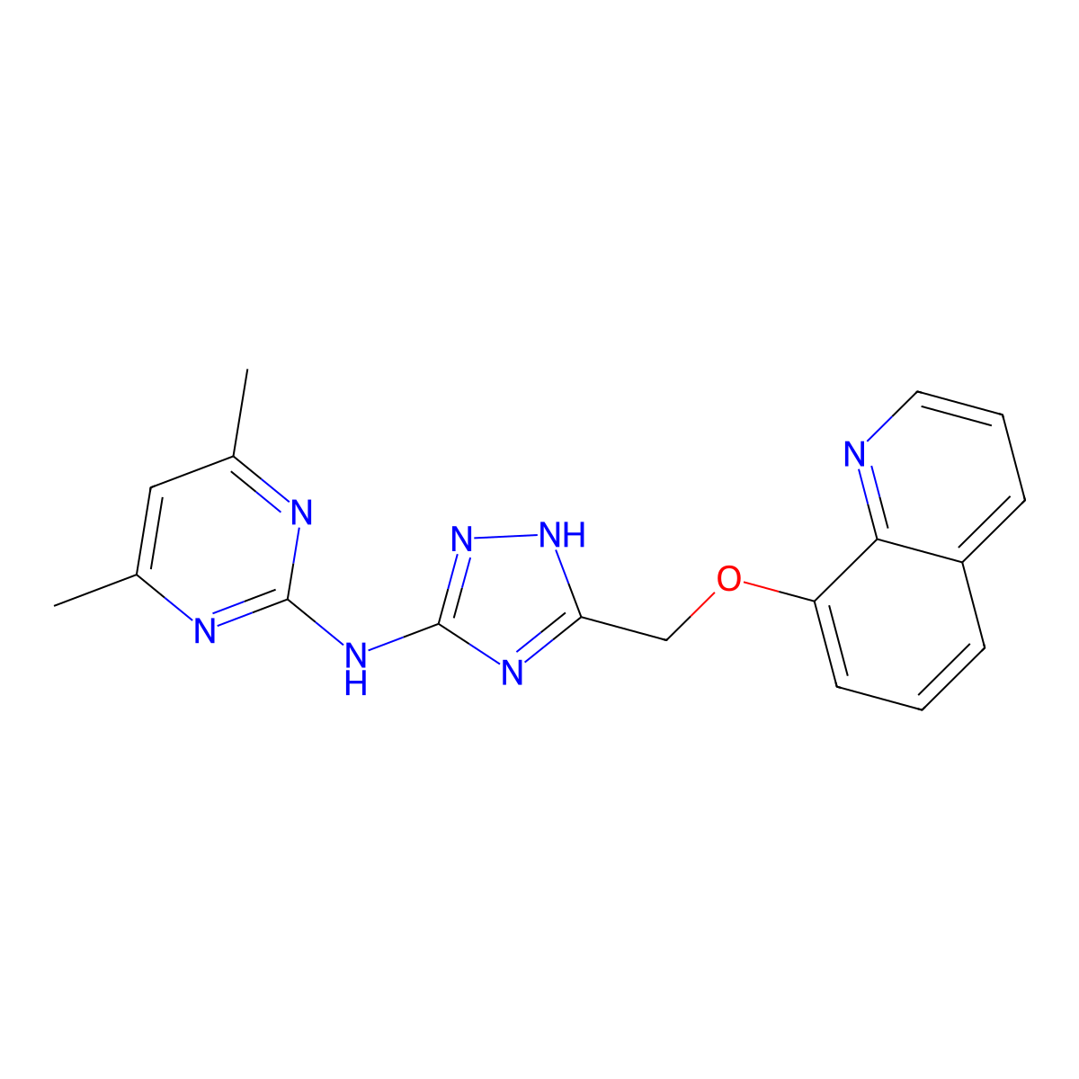 4,6-dimethyl-N-{5-[(quinolin-8-yloxy)methyl]-1H-1,2,4-triazol-3-yl}pyrimidin-2-amine molecular structure, CAS 713505-70-5