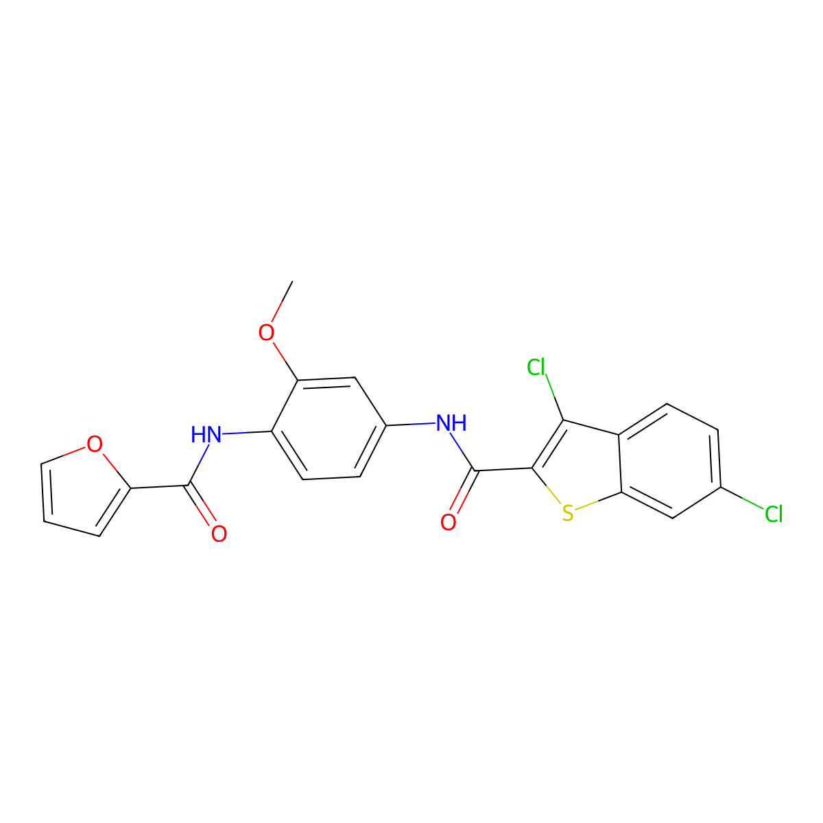 N-[4-[(3,6-dichloro-1-benzothiophene-2-carbonyl)amino]-2-methoxyphenyl]furan-2-carboxamide molecular structure, CAS 713506-47-9