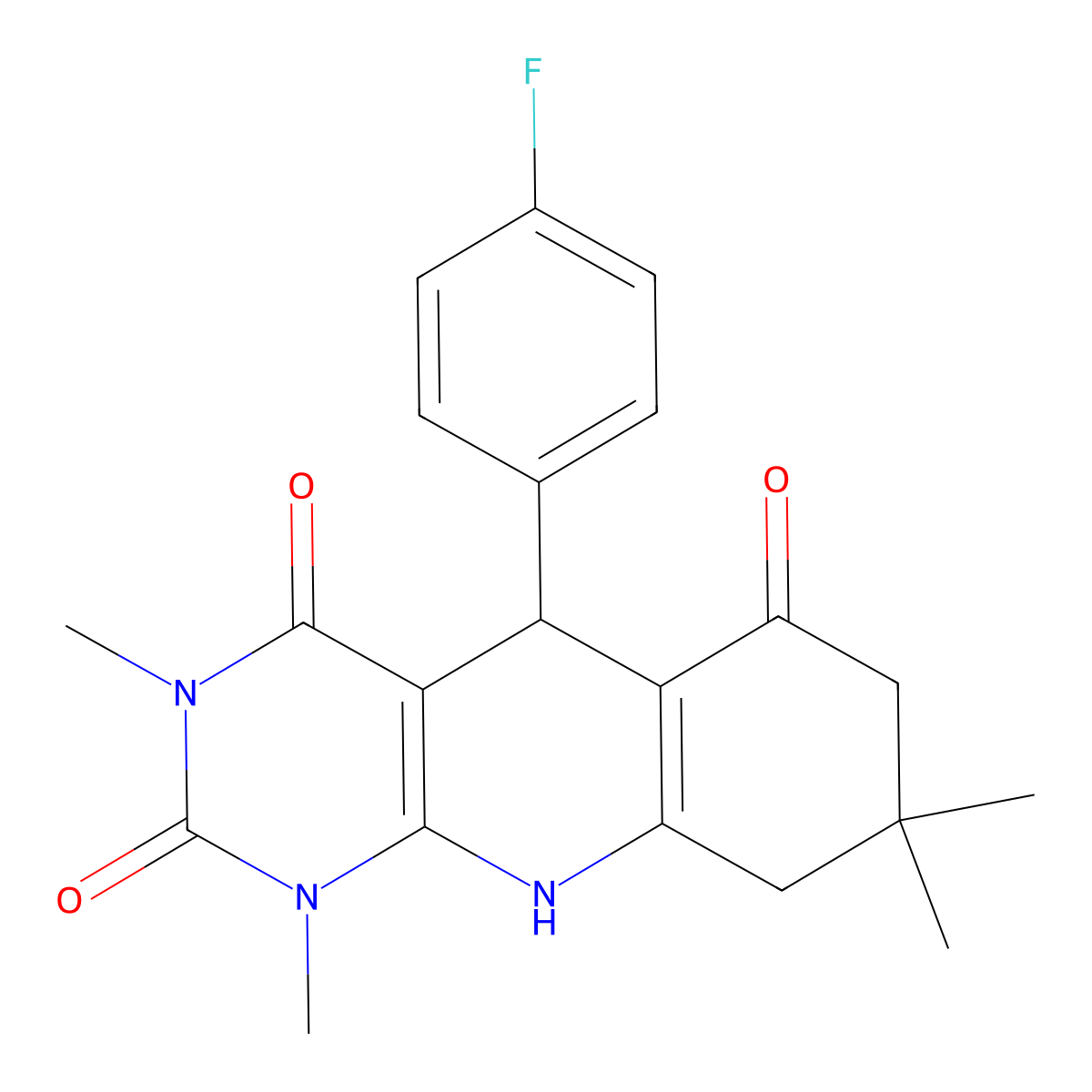 5-(4-fluorophenyl)-1,3,8,8-tetramethyl-5,8,9,10-tetrahydropyrimido[4,5-b]quinoline-2,4,6(1H,3H,7H)-trione molecular structure, CAS 713506-80-0