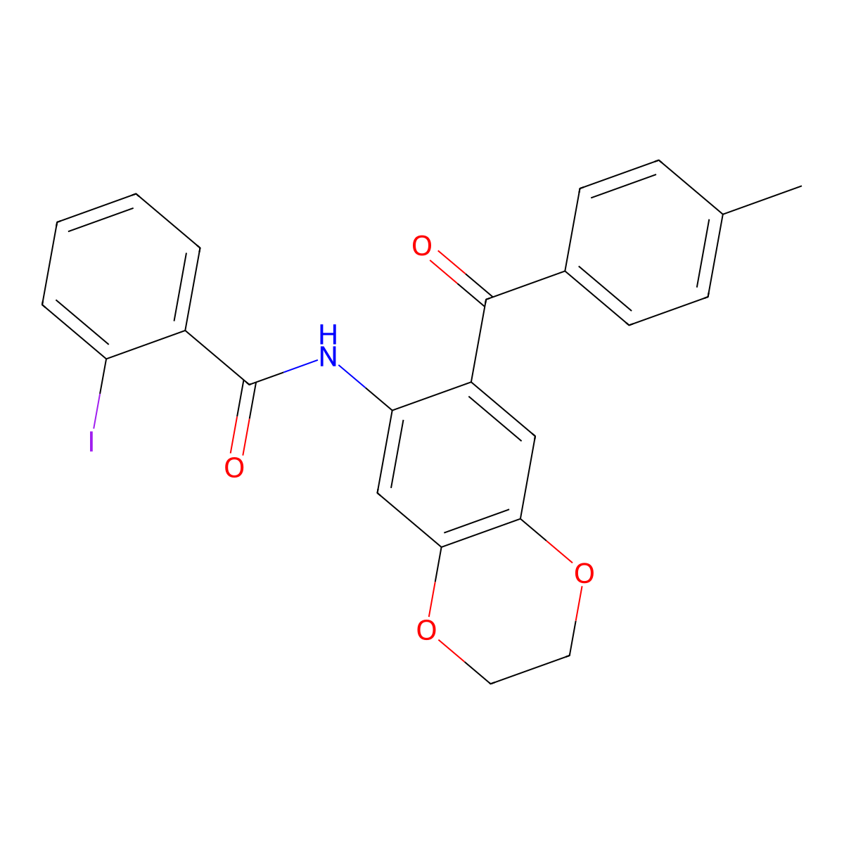 2-iodo-N-[7-(4-methylbenzoyl)-2,3-dihydro-1,4-benzodioxin-6-yl]benzamide molecular structure, CAS 713506-90-2