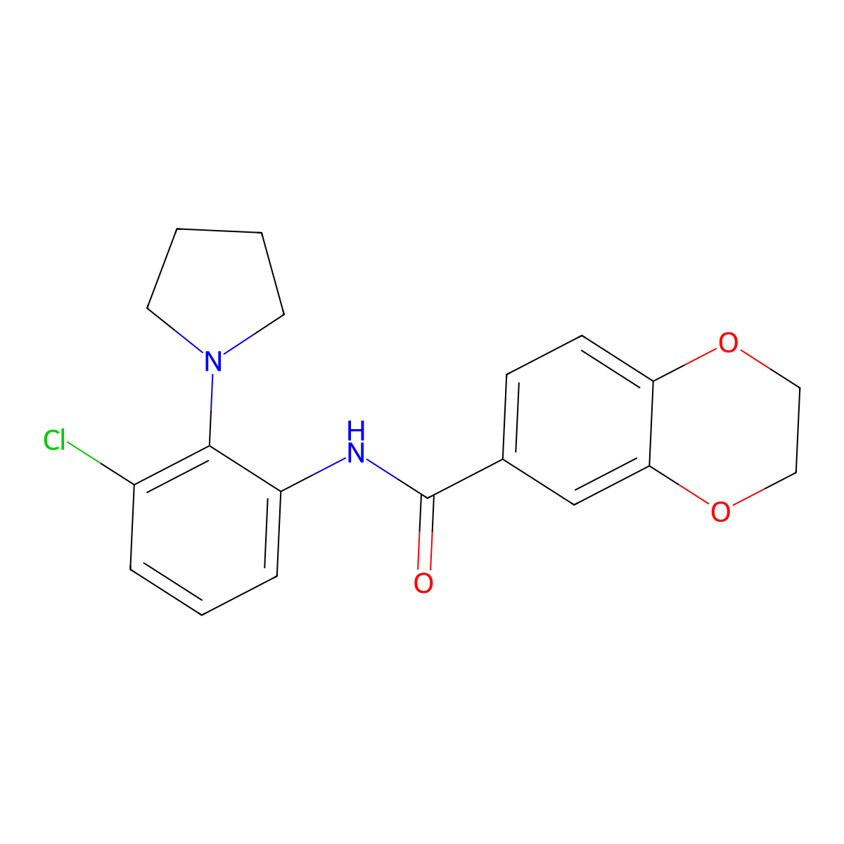 N-(3-chloro-2-pyrrolidin-1-ylphenyl)-2,3-dihydro-1,4-benzodioxine-6-carboxamide molecular structure, CAS 713506-92-4