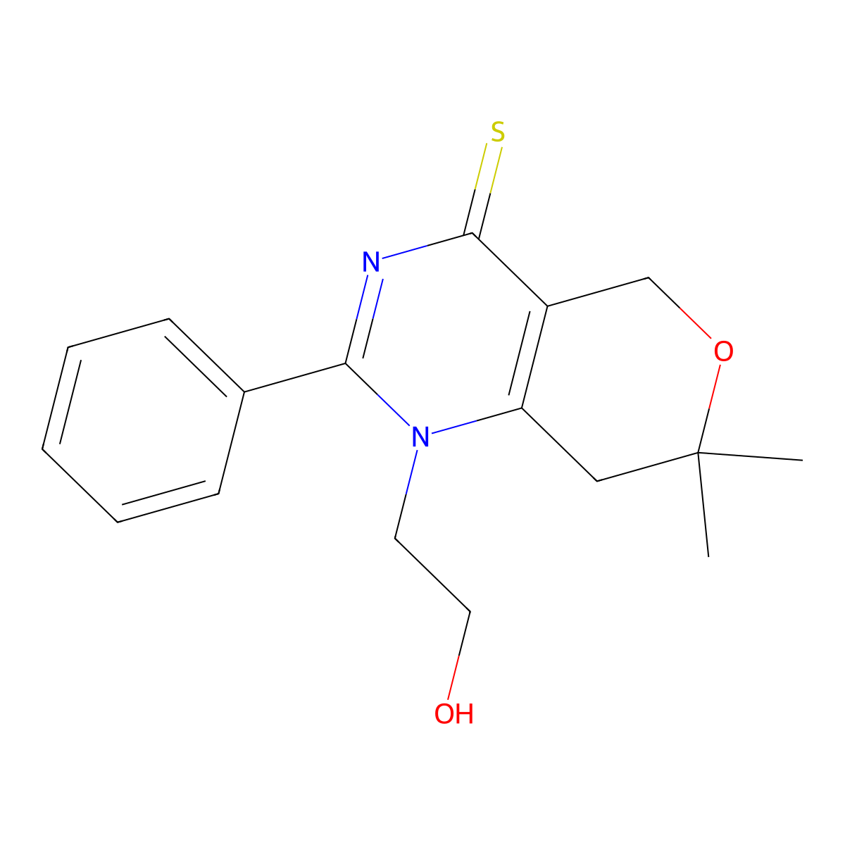 1-(2-Hydroxyethyl)-7,7-dimethyl-2-phenyl-5,8-dihydropyrano[4,3-d]pyrimidine-4-thione molecular structure, CAS 713507-60-9