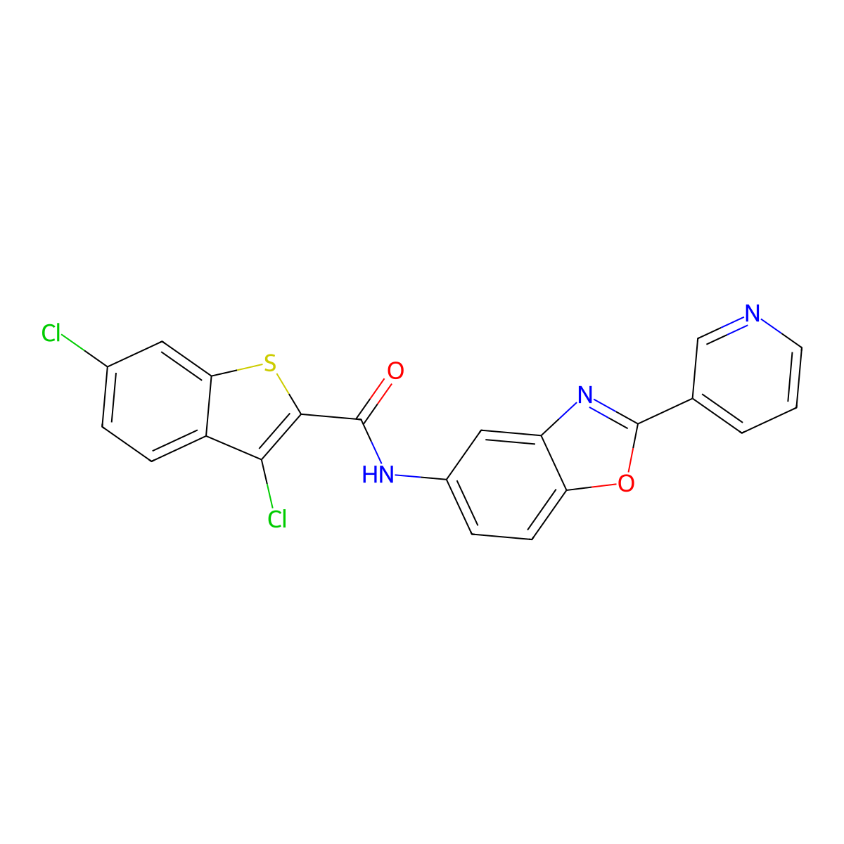 3,6-dichloro-N-(2-pyridin-3-yl-1,3-benzoxazol-5-yl)-1-benzothiophene-2-carboxamide molecular structure, CAS 713508-20-4