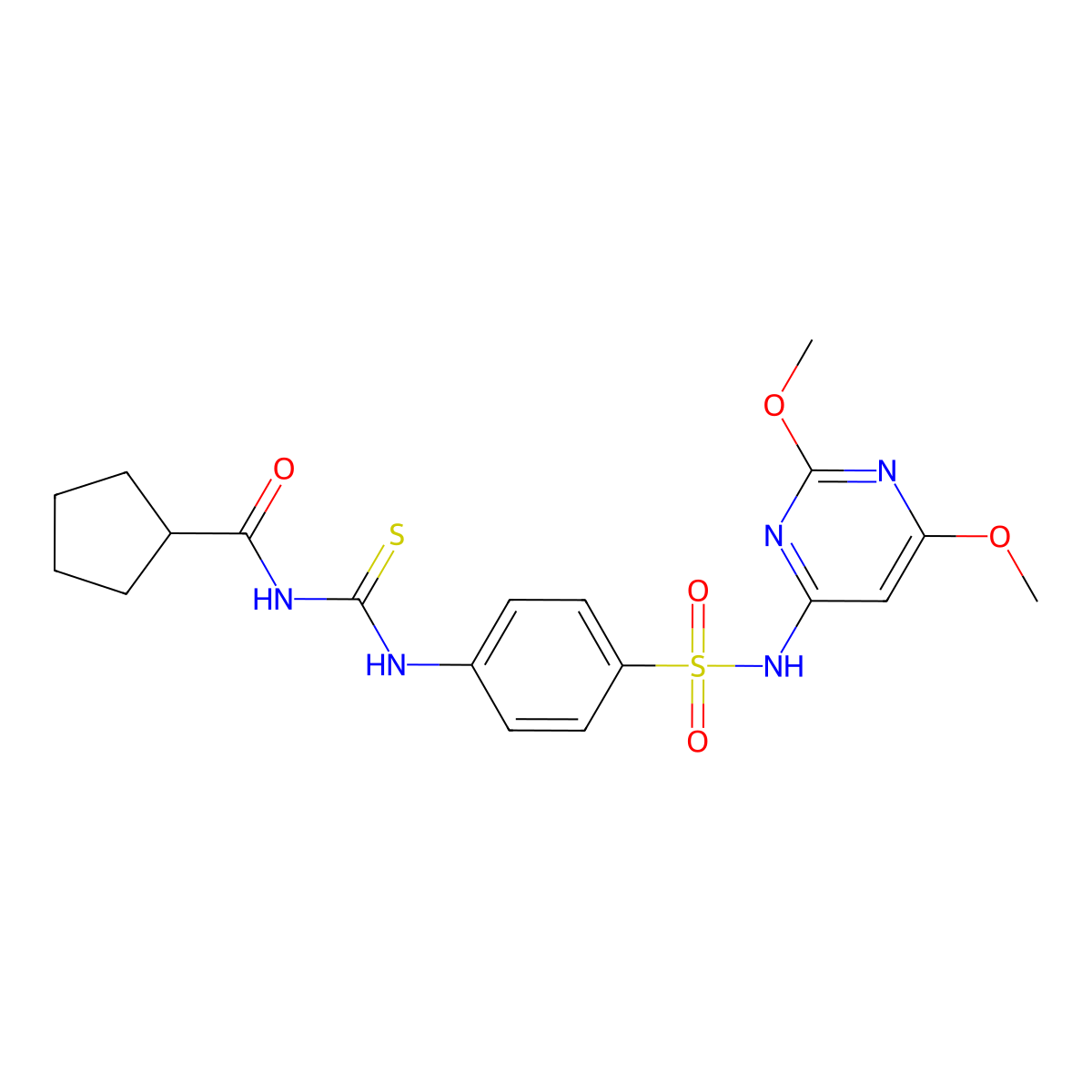 N-{[(4-{[(2,6-dimethoxy-4-pyrimidinyl)amino]sulfonyl}phenyl)amino]carbonothioyl}cyclopentanecarboxamide molecular structure, CAS 713508-44-2