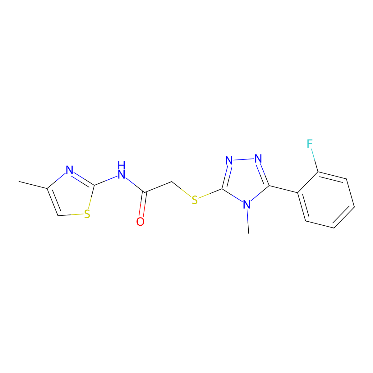 2-[[5-(2-fluorophenyl)-4-methyl-1,2,4-triazol-3-yl]sulfanyl]-N-(4-methyl-1,3-thiazol-2-yl)acetamide molecular structure, CAS 713508-54-4